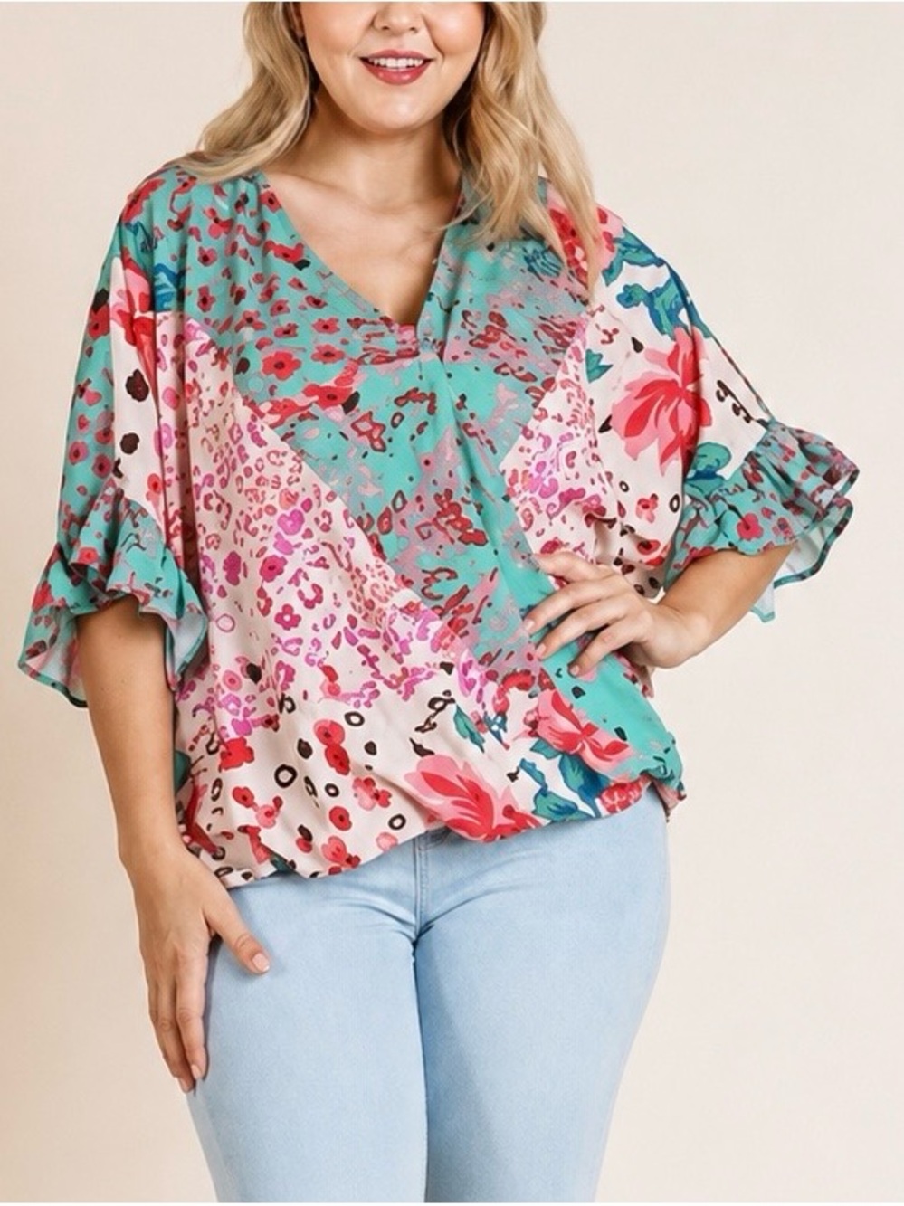 Umgee Floral Ruffle Sleeve Blouse Size 1XL